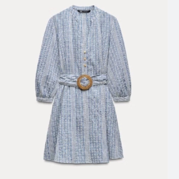 Zara Crochet Daisy Blue & White Gingham Rattan Belted Mini Dress - Picture 4 of 12